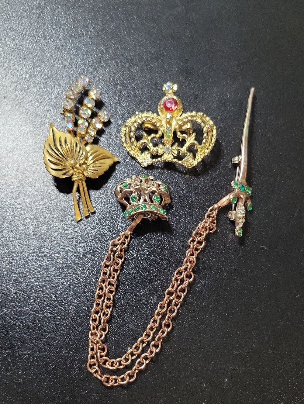 Gold-Tone Crown and Floral Brooch Set with Green and Clear Stones